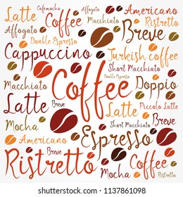 List of coffee drinks words cloud collage, poster background