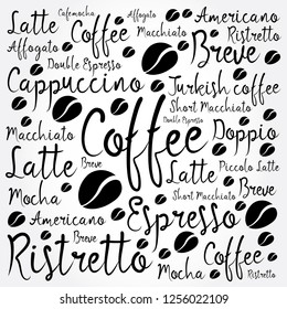 List of coffee drinks words cloud collage, poster background