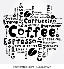 List of coffee drinks words cloud collage, poster background