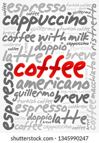 List of coffee drinks words cloud, poster background