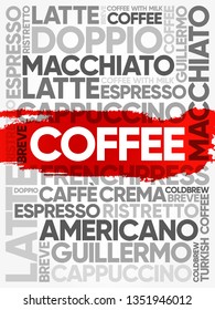 List of coffee drinks words cloud collage, poster background
