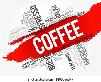 List of coffee drinks words cloud collage, poster background