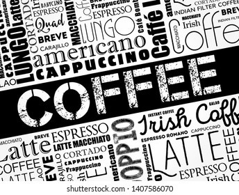 List of coffee drinks words cloud collage, poster background