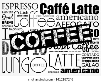 List of coffee drinks words cloud collage, poster background
