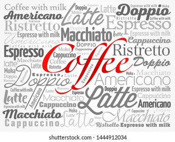 List of coffee drinks words cloud collage, poster background