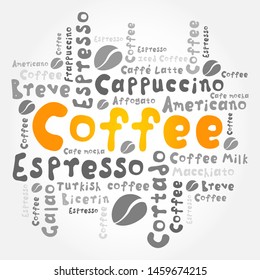 List of coffee drinks words cloud collage, poster background