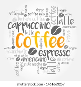 List of coffee drinks words cloud collage, poster background