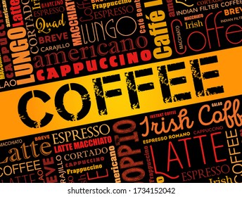 List of coffee drinks words cloud collage, poster background