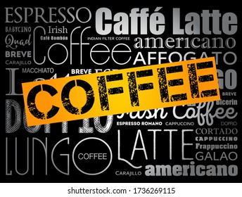 Lista de bebidas de café palabras collage de nubes, fondo de afiches