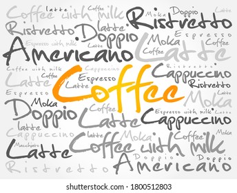 List of coffee drinks words cloud collage, poster background