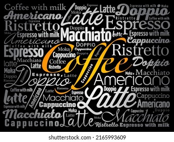 List of coffee drinks words cloud, poster background