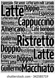 List of coffee drinks words cloud, poster background