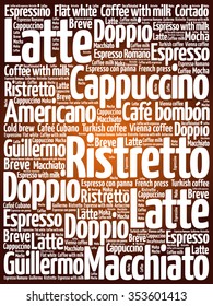 List of coffee drinks words cloud, poster background
