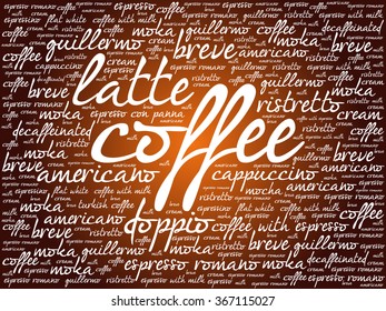 List of coffee drinks words cloud, poster background