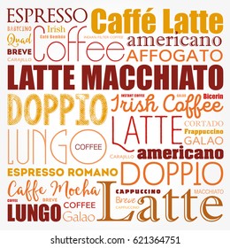 List of coffee drinks words cloud collage, poster background
