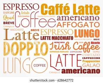 List of coffee drinks words cloud collage, poster background