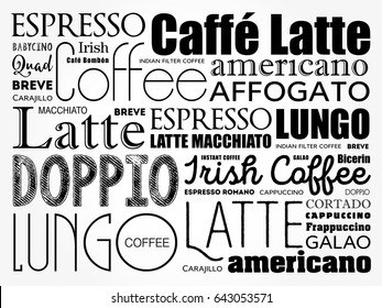 Lista de bebidas de café palabras collage de nubes, fondo de afiches