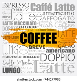 List of coffee drinks words cloud collage, poster background
