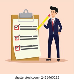 list of completed tasks, list of achievements, vector illustration of a businessman with a pencil who has completed all tasks or targets