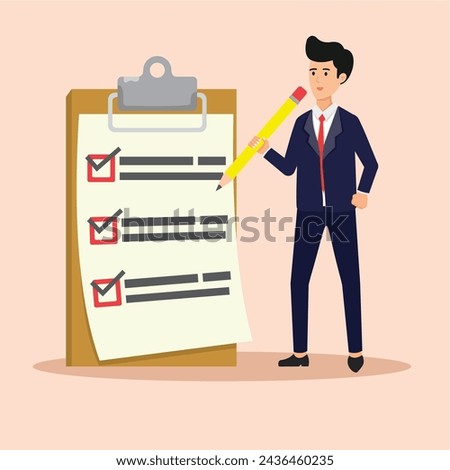 list of completed tasks, list of achievements, vector illustration of a businessman with a pencil who has completed all tasks or targets