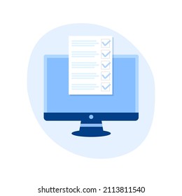 List of completed tasks on the computer. green ticks. Vector graphics in flat style