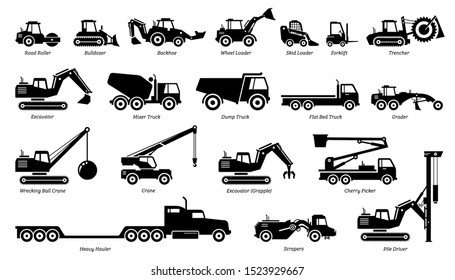 Список значков строительных машин, тракторов и тяжелой техники. Боковой вид на строительные и промышленные транспортные средства, дорожный каток, бульдозер, экскаватор, экскаватор, самосвал и кран.