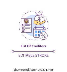 List of creditors concept icon. Financial report. Debtor document with information. Bankruptcy idea thin line illustration. Vector isolated outline RGB color drawing. Editable stroke