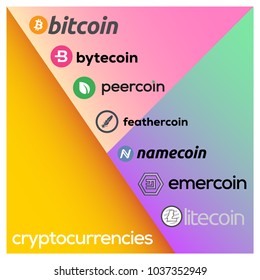 List of cryptocurrencies and virtual money symbols. Vector illustration with colorful background.