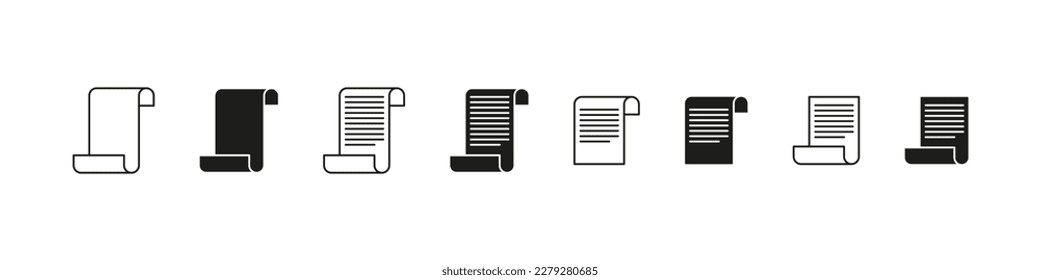 List of curled paper vector icon set. Document paperwork office symbol.
