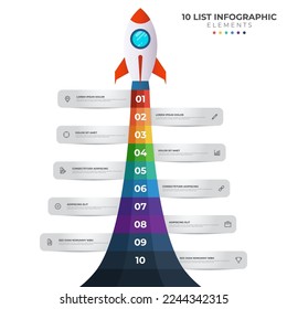 List diagram with 10 number points of step, sequence, colorful rocket launch startup, infographic element template vector.