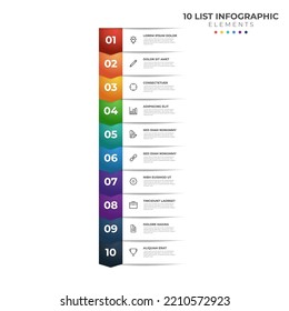 List Diagram with 10 points of steps, colorful business infographic element template vector.