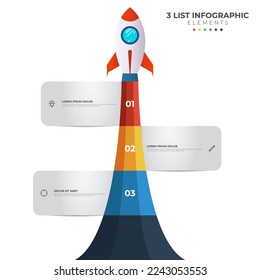 Diagrama de lista con 3 puntos numéricos de paso, secuencia, inicio colorido del lanzamiento del cohete, vector de plantilla de elemento infográfico.