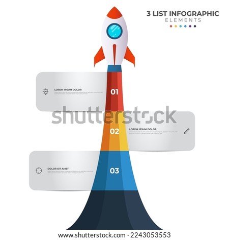 List diagram with 3 number points of step, sequence, colorful rocket launch startup, infographic element template vector.