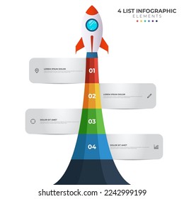 List diagram with 4 number points of step, sequence, colorful rocket launch startup, infographic element template vector.