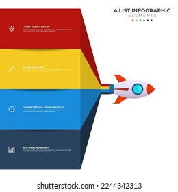 List diagram with 4 points of steps, sequence, colorful rocket launch startup, infographic element template vector.