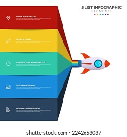 Listendiagramm mit 5 Stufen, Sequenz, bunter Raketenstart, Vorlage für Infografiken, Vektorgrafik.