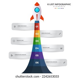 List diagram with 6 number points of step, sequence, colorful rocket launch startup, infographic element template vector.