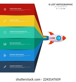 List diagram with 6 points of steps, sequence, colorful rocket launch startup, infographic element template vector.