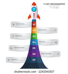 Diagrama de lista con 7 puntos numéricos de paso, secuencia, inicio colorido del lanzamiento del cohete, vector de plantilla de elemento infográfico.