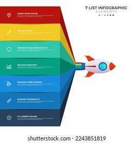 List diagram with 7 points of steps, sequence, colorful rocket launch startup, infographic element template vector.