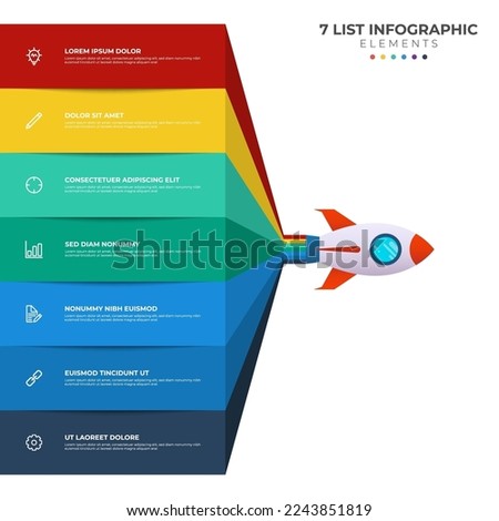 List diagram with 7 points of steps, sequence, colorful rocket launch startup, infographic element template vector.