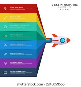 List diagram with 8 points of steps, sequence, colorful rocket launch startup, infographic element template vector.