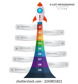 List diagram with 9 number points of step, sequence, colorful rocket launch startup, infographic element template vector.