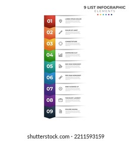 List Diagram with 9 points of steps, colorful business infographic element template vector.