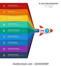 List diagram with 9 points of steps, sequence, colorful rocket launch startup, infographic element template vector.