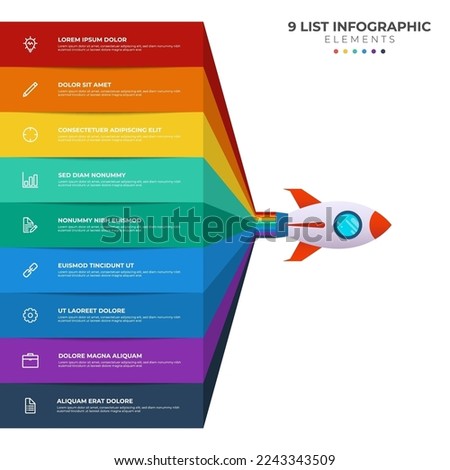 List diagram with 9 points of steps, sequence, colorful rocket launch startup, infographic element template vector.