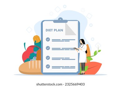 List of diet plans, with keto diet training. Slender small body concept. nutrition control and vegetable, fish, oil. Weight management, individual diet service, flat vector illustration.