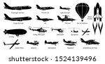List of different airplane, aircraft, aeroplane, plane and aviation icons. Artwork show airliner, jet, light aircraft, cargo plane, airship, helicopter, space rocket, biplane, monoplane, and seaplane.