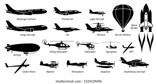 List of different airplane, aircraft, aeroplane, plane and aviation icons. Artwork show airliner, jet, light aircraft, cargo plane, airship, helicopter, space rocket, biplane, monoplane, and seaplane.