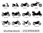 List of different type of motorcycle, bike, and motorbike icon set. Side view of all kind of motorcycle from moped, scooter, roadster, sports, cruiser, touring, scrambler, trial bike, and chopper.
